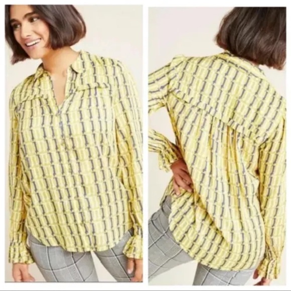 Maeve Anthropologie Fredericka Dog Blouse Top Size 2 Yellow Blue Dachshund - Picture 4 of 10